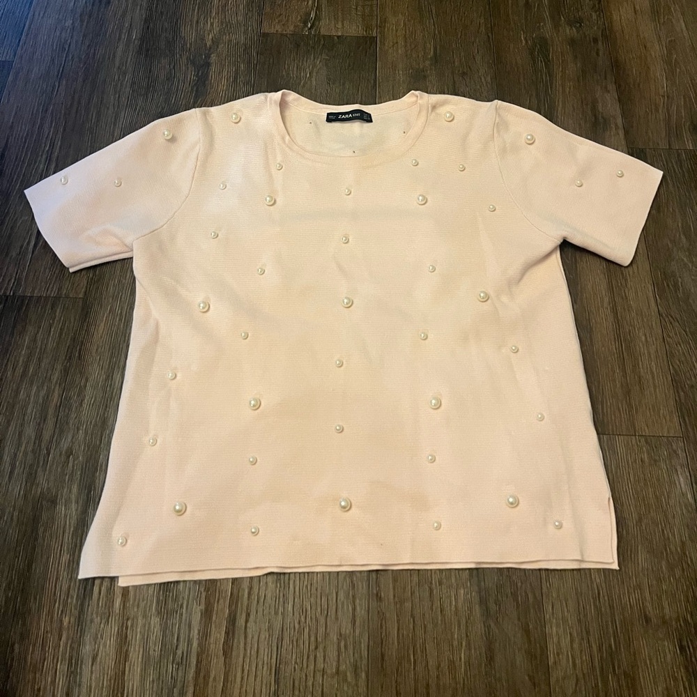 Zara Knit Pale Pink Pearl Beaded Short Sleeve Sweater